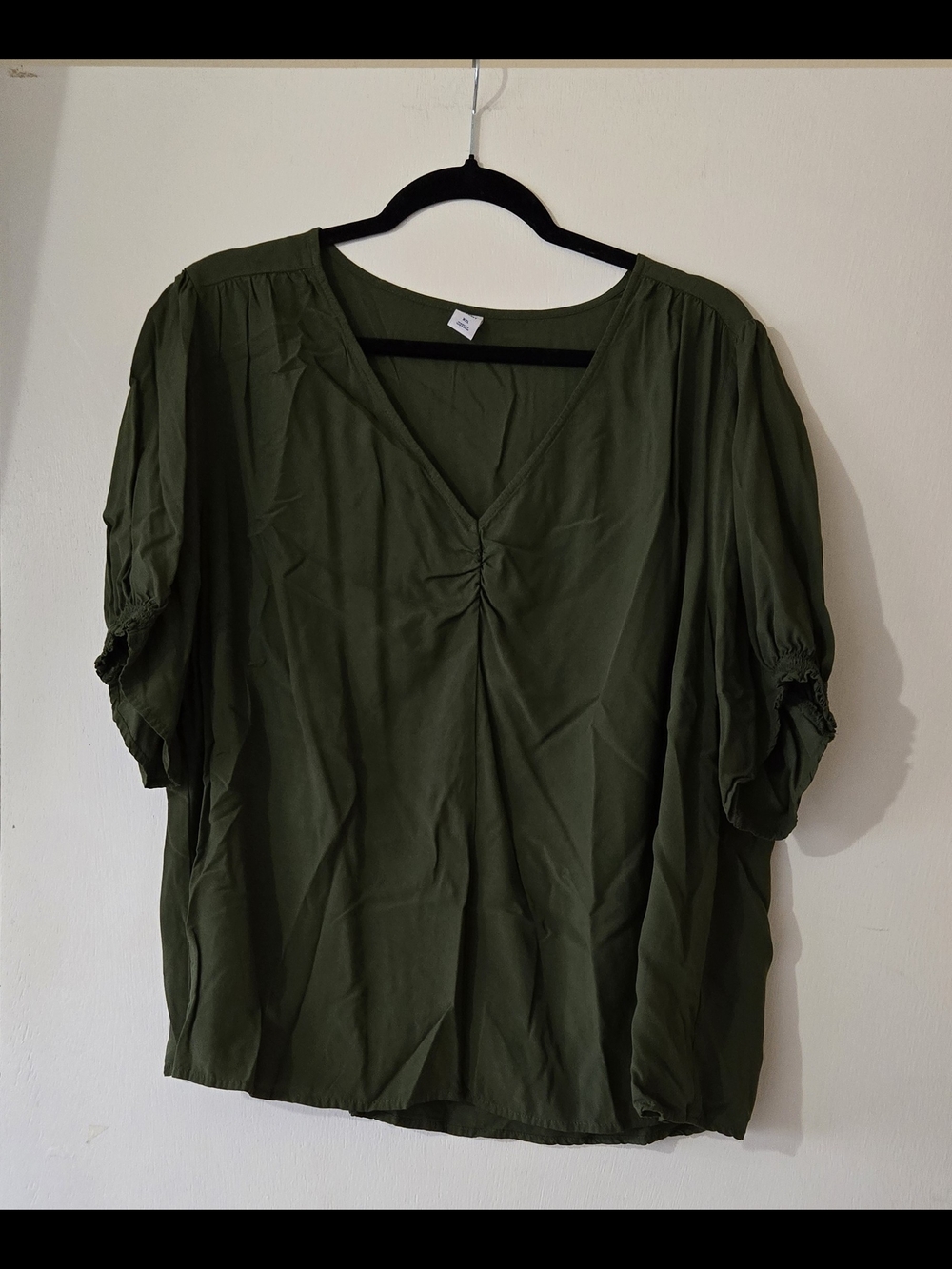 Old Navy Olive Green Ruched  V-Neck Short Sleeve Blouse With Puff Sleeves